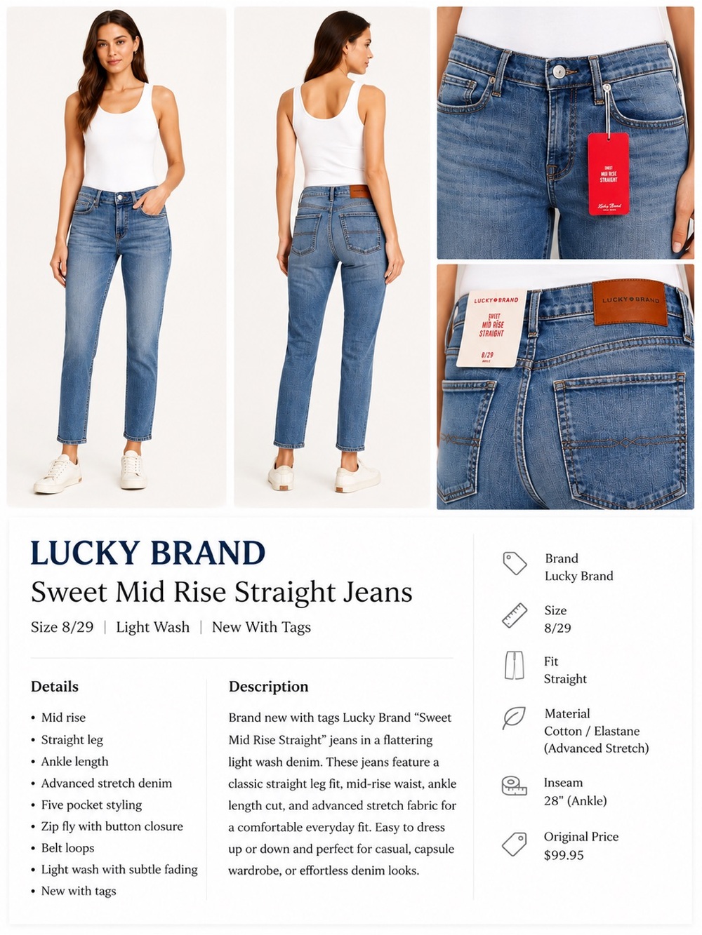 Lucky Brand Light Wash Sweet Mid Rise Straight Ankle Jeans